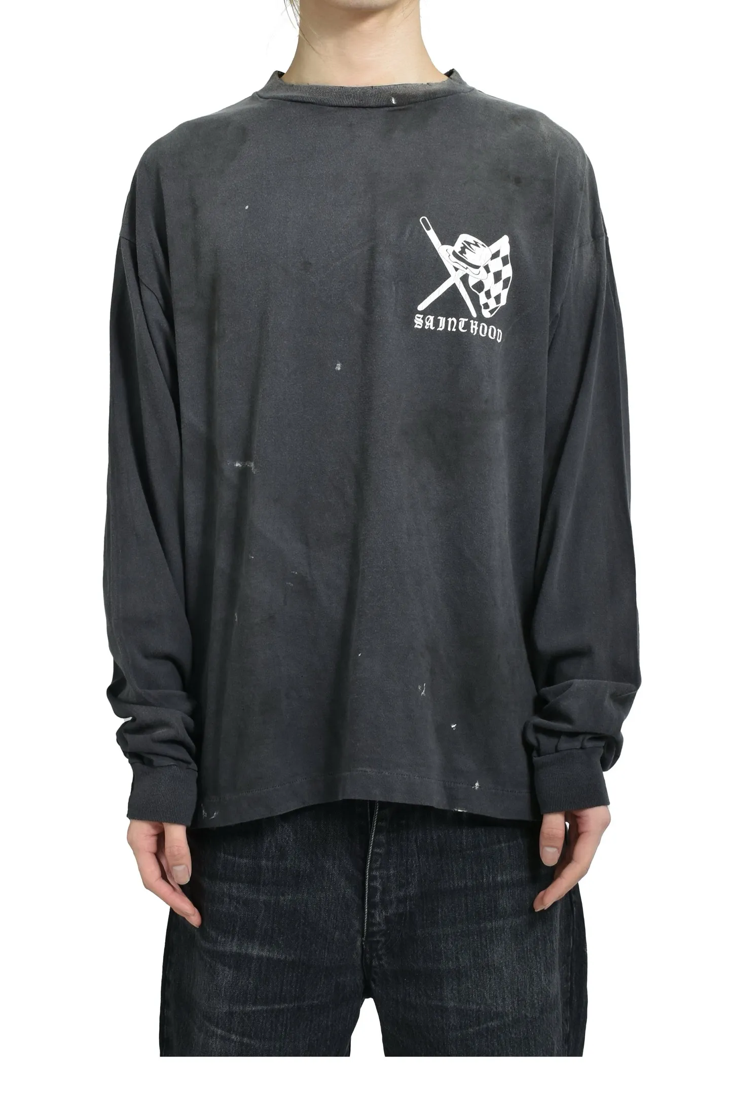 SAINT Mxxxxxx × NEIGHBORHOOD STHD . LS TEE SPEED KILLS/BLK Skull Helmet Long Sleeves Washed Black S-XL Cylindrical Cloth Ready-Made Assute Dyeing Heavy Washing Water Fading Handmade Splashed Ink Holes Simulate Natural Fading and Old Effects Correct Version Customized NBHD Co-branded Accessories Top Purchasing Level